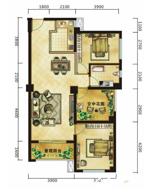 安乡汇金国际城90平米两室两厅户型图