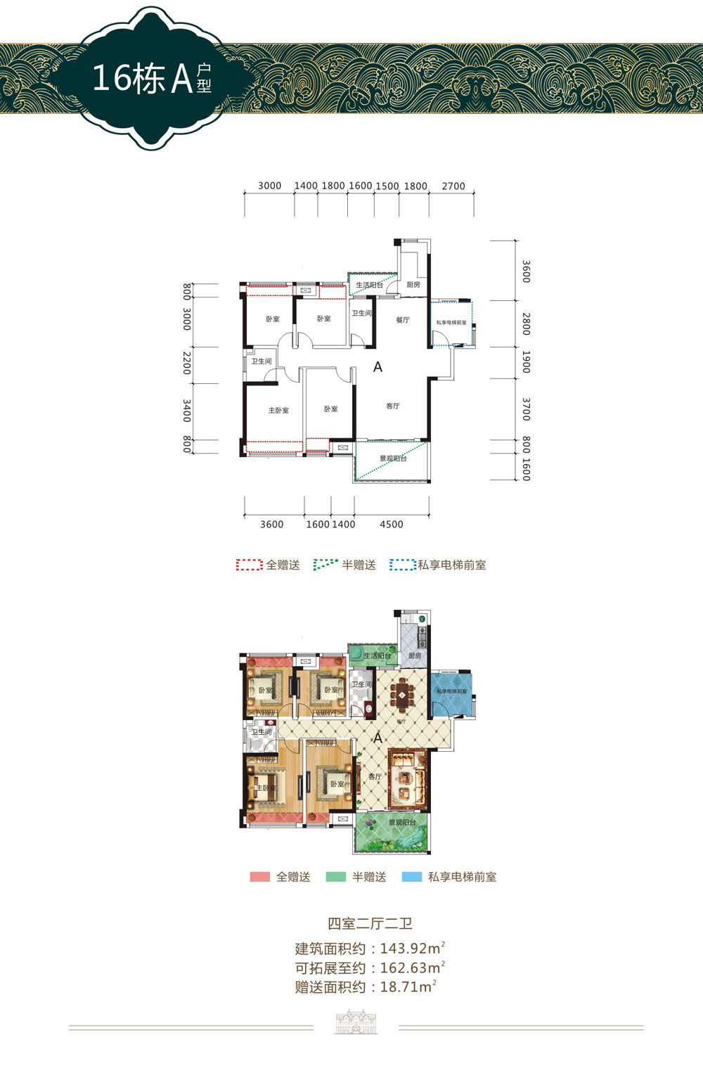 16栋A户型 4室2厅2卫1厨  建筑面积143.92㎡